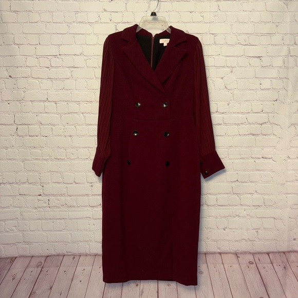 Ted Baker London Stunning maroon midi dress sheer sleeves pleated size "2" US 6 - Picture 10 of 14